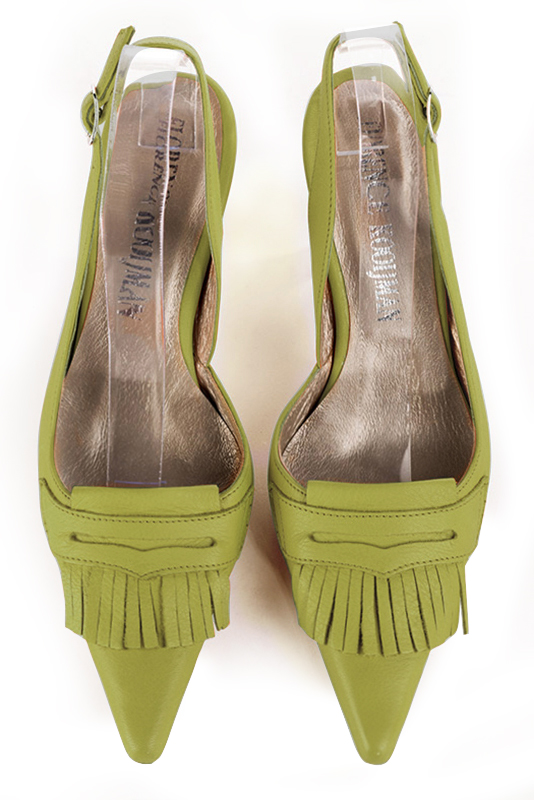 Pistachio green women's slingback shoes. Pointed toe. High spool heels. Top view - Florence KOOIJMAN